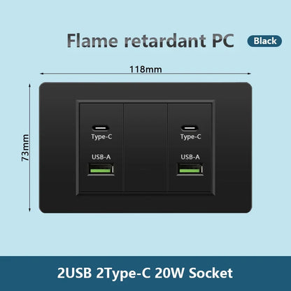 Korea Chile standard 20W Super Fast smart Charge Type C USB Port Power Wall Socket Plug,118*73mm Quick Charge electrical Outlet