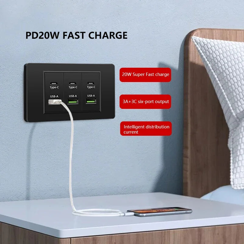 Korea Chile standard 20W Super Fast smart Charge Type C USB Port Power Wall Socket Plug,118*73mm Quick Charge electrical Outlet