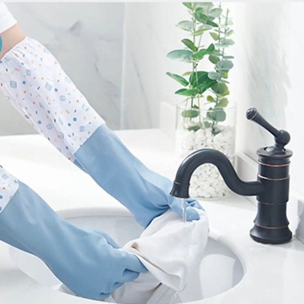 Latex Rubber Dish Washing Gloves Velvet Elastic Cuffs Housework Gloves Long Sleeve Waterproof Winter Cleaning Gloves Kitchen