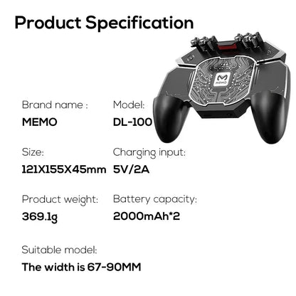 MEMO DL100 Mobile Phone 6 Fingers Gamepad Joysticks Gaming L1R1 Controller 2000mAH*2 Semiconductor Fan Radiator for IOS Android